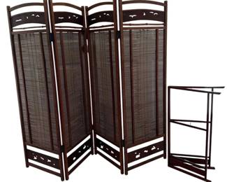 Asian Style Folding Room Divider Screen with Bamboo Panels & Bird Cutout Detail