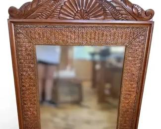 Carved Tropical Wood & Woven Rattan Wall Mirror - Made in Honduras