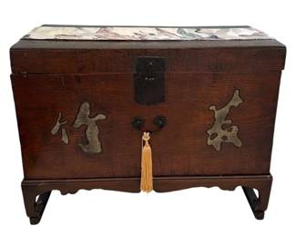 Chinese Style Wood Storage Chest with Calligraphy Interior & Crane Silk Textile