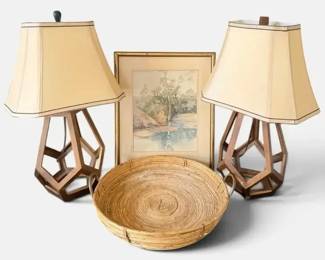 Pair of Geometric Wood Table Lamps & Signed Watercolor Landscape