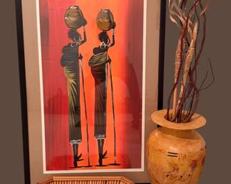 African-Inspired Decor Lot with Framed Art, Egyptian-Style Vase & Rattan Tray