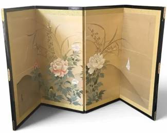 Japanese Four-Panel Floral Silk Folding Screen