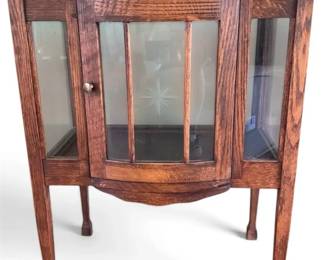 Antique Oak Curio Display Cabinet with Etched Glass