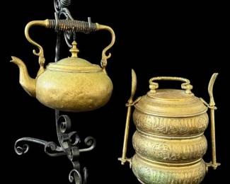 Antique Brass Teapot on Wrought Iron Stand & Engraved Three-Tier Tiffin Carrier