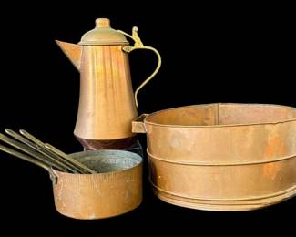 Copper Cookware Collection with Turkish Coffee Pot, Pans & Large Copper Basin