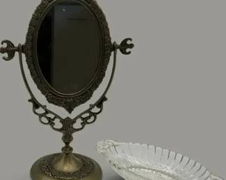 Ornate Vanity Mirror & Glass Jewelry Dish