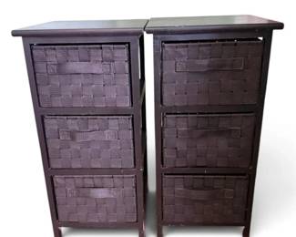 Dark Espresso 3-Drawer Storage Cabinets with Woven Baskets Pair
