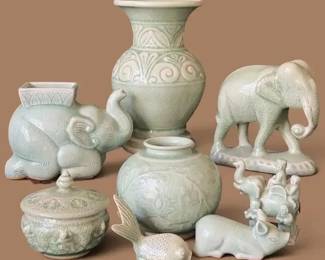 Thai Celadon Crackle-Glaze Pottery Collection - Elephants, Vases & Decorative Figures