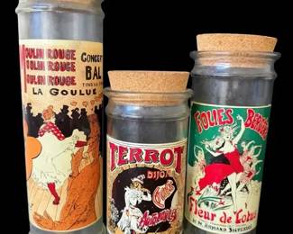 Moulin Rouge & French Advertising Glass Jars with Cork Lids