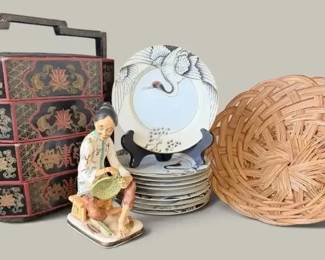 Japanese & Asian Decor Lot – Fitz and Floyd Crane Plates, Figurine & Tiered Container