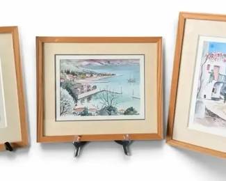 Mediterranean Coastal Village Watercolors - Set of 3, One Signed