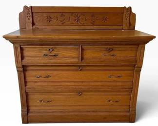 Antique Oak Dresser with Carved Floral Backsplash