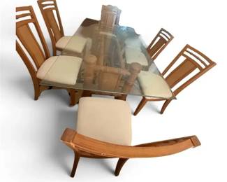 Bamboo Style Glass Top Dining Table with 6 Upholstered Chairs