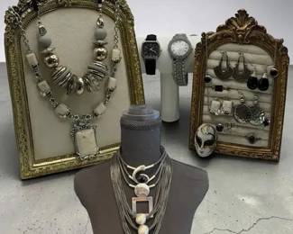 Black, Silver-Tone & Ivory Statement Costume Jewelry Lot