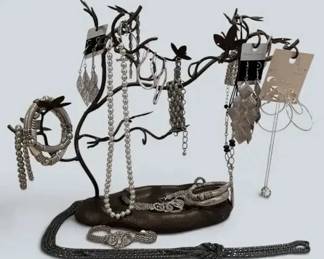 Silver-Tone Statement Jewelry And Display Tree