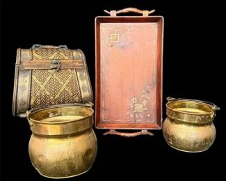 Antique Hammered Brass Pots, Wood Tray & Woven Chest