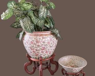 Chinese Rose Medallion Porcelain Planters on Wood Stands