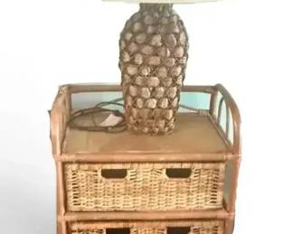 Vintage Rattan & Wicker 4-Drawer Storage Chest with Pineapple Table Lamp