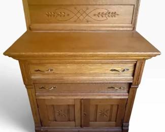 Antique Oak Washstand / Dry Sink Cabinet with Carved Backsplash