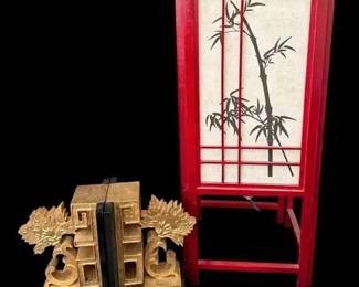 Asian Bamboo Shoji Lamp & Gold-Tone Pagoda Bookends