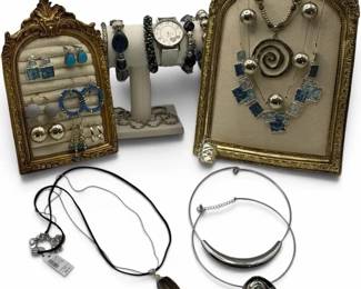 Assorted Silver-Tone & Blue Costume Jewelry Collection with Watch