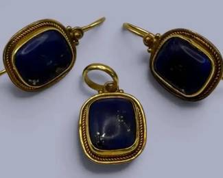 Vintage 14K Yellow Gold Blue Stone Pendant & Earring Set – Marked 585