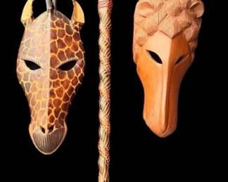 Hand-Carved Wood Giraffe Masks & Walking Stick