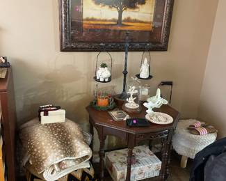 Nice vintage table, large picture, stool, scale, and knick knacks.