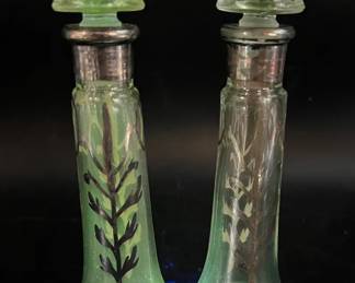 (2) Art Deco Glass Cruets with Silver Overlay — Green Ultraviolet Glow!