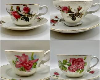 (4) Pink Floral Porcelain Teacups & Saucers Made in Japan