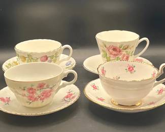 (4) Pastel Floral Porcelain Teacups & Saucers