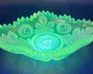 Millersburg Hobstar & Frosted Feather Clear 7 1/2” Oval Dish with Ultraviolet Green Glow