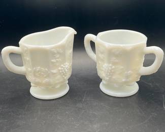 Westmoreland Paneled Grape Milk Glass Creamer and Open Sugar Bowl Set