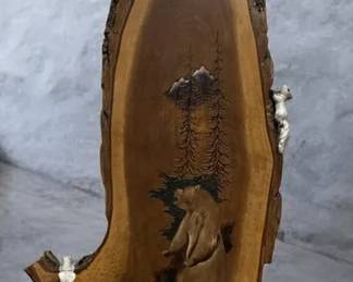 Vintage Royce Nielson HandCarved  HandPainted Wildlife Relief Wood Slab  Grizzly Bear Scene