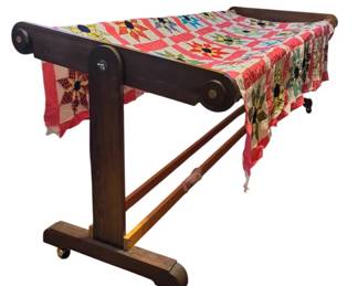 Vintage Wooden Quilting Frame with Unfinished Quilt Top  Quilt Squares Description