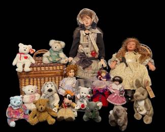 Vintage Porcelain Dolls, Wicker Basket, Plush  Collectibles