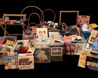 Crafters Estate Lot Yarn, Fabric, Needlepoint Stand, Embroidery Kits, Hoops  More