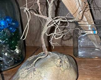 Handcrafted Copper Wire Bonsai Tree Sculpture on River Stone