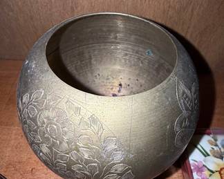 Vintage Hand-Etched Brass Bowl with Floral Motif - Made in India