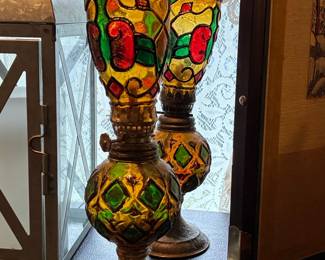 Vintage Sail Boat Brand Stained Glass Oil Lamps
