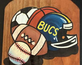 Hand-Painted "BUCS" Football Helmet and Sports Balls Wood Plaque