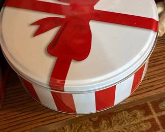 Holiday Time Christmas Gift Tin with Red Ribbon and Candy Cane Stripes