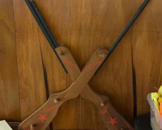 Vintage Wooden Toy Gun Display Rack with Western Motifs