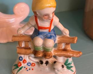 Mid-Century "Occupied Japan" Porcelain Figurine of a Boy on a Fence with Dog