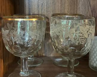 Bartlett Collins Etched Grapevine Thumbprint Goblets with Gold Rim
