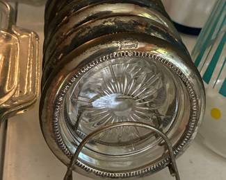 Leonard Silverplate and Starburst Glass Coasters Set of 8 with Rack