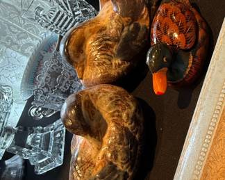 Vintage Decorative Ceramic Duck Figurines and Hand-Painted Wooden Duck Decoy