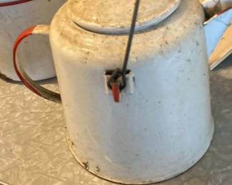 Vintage White Enamelware Coffee Pot with Red Trim and Bail Handle
