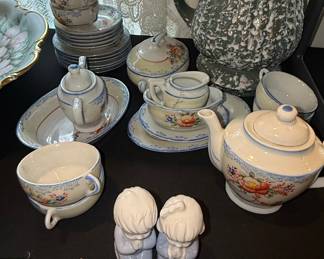 Vintage Children's Lusterware Tea Set with Figurines and Pitcher