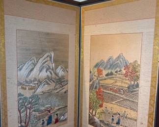 Korean Two-Panel Embroidered Folding Screen with Pastoral Landscape